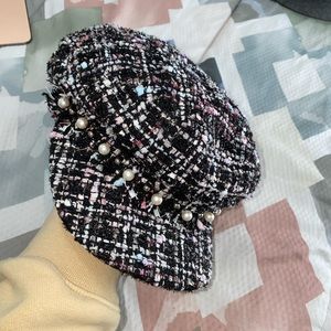 Tweed Faux Pearl Cabbie Hat